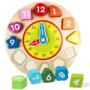 Fiddlys Wooden Shape Sorting Blocks Teaching Clock with Geometry Numbers, 12 Pieces, Multi Color