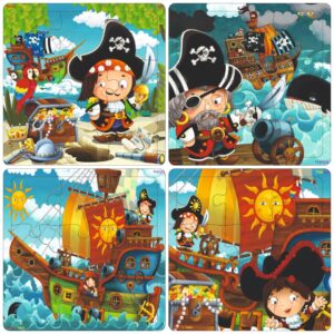Fiddlys Wooden Jigsaw Puzzles for Kids & Children – 9 Pieces Each, Pack of 4|Double Layered Front & Back Print| Educational Toy for Boys & Girls Age 2 3 4 5 6 Year Old (Good Pirates)
