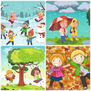 Fiddlys 16-Piece Wooden Jigsaw Puzzles For Kids Ages 3+, Double Layered Wooden Puzzles With Bright Front & Back Print (Kids Pack Of 4)
