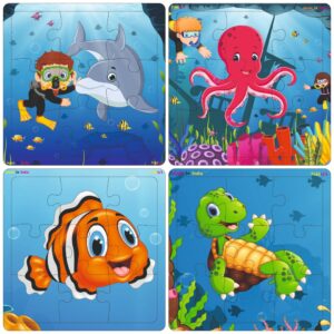 Fiddlys Wooden Jigsaw Puzzles for Kids & Children – 9 Pieces Each, Pack of 4|Double Layered Front & Back Print| Educational Toy for Boys & Girls Age 2 3 4 5 6 Year Old (Sea, Pack of 4)