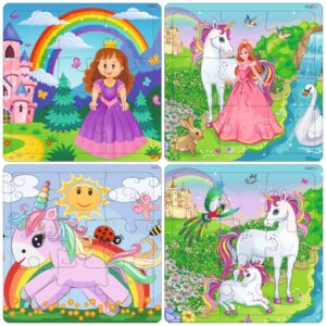 Fiddlys Wooden Jigsaw Puzzles for Kids & Children – 9 Pieces Each, Pack of 4|Double Layered Front & Back Print| Educational Toy for Boys & Girls Age 2 3 4 5 6 Year Old (Unicorn & Princess)