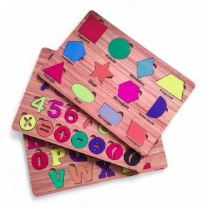 Fiddlys Wooden Educational Jigsaw Puzzles for Toddlers & Preschoolers, Double Layered Wooden Puzzles with Bright Front & Back Print Alphabet Shapes and Numbers Learning, Toy (Alphabet Number Shapes)