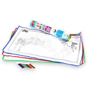 Fiddlys 3in1 Unicorn Princess Colouring MAT for Kids Reusable and Washable 3 Jumbo Size Big MATS (40 * 28inches) and 12 Sketch Pen for Colouring, Learning and Educational Doodle Mat for 3+ Age