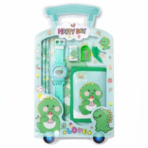 Fiddlys Kids Stationery Gift Set with Watch & Pouch | Cute Travel Kit for Boys & Girls | Pencil, Eraser, Sharpener, Wallet Combo (Happy Dino)