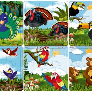 Fiddlys Wooden Jigsaw Puzzles for Kids & Children – 9 Pieces Each, Pack of 6|Double Layered Front & Back Print| Educational Toy for Boys & Girls Age 2 3 4 5 6 Year Old (Birds, Bear & Bee's)