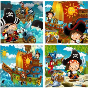 Fiddlys Wooden Jigsaw Puzzles for Kids & Children – 9 Pieces Each, Pack of 4 | Double Layered Puzzles with Bright Front & Back Print | Educational Toy for Boys & Girls Age 3+(Good Pirates - Pack of 4)