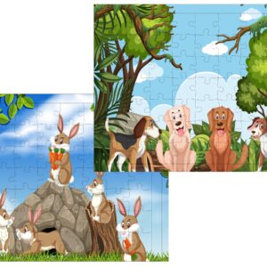 Fiddlys 54 Pcs Wood Jigsaw Puzzles for Kids & Children Age 6+ Double Layered Wooden Puzzles with Bright Front & Back Print Puzzle for Kids-Educational Toy (Dogs + Bunny)