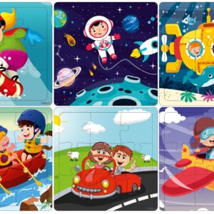Fiddlys Wooden Jigsaw Puzzles for Kids & Children – 9 Pieces Each, Pack of 6|Double Layered Front & Back Print| Educational Toy for Boys & Girls Age 2 3 4 5 6 Year Old (Travel & Adventure)