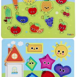 Fiddlys Wooden Learning Educational Puzzle for Kids & Children Age 4+ Double Layered Wooden Puzzles with Bright Front & Back Print (Fruits & Shapes)