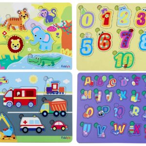 Fiddlys Wooden Learning Educational Puzzle for Kids & Children Age 4+ Double Layered Wooden Puzzles with Bright Front & Back Print (Pack of 4 Animal+Number+Vehicle+Alphabet)
