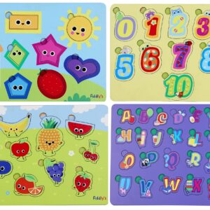 Fiddlys Wooden Learning Educational Puzzle for Kids & Children Age 4+ Double Layered Wooden Puzzles with Bright Front & Back Print (Pack of 4 Shapes+Number+Fruits+Alphabet)