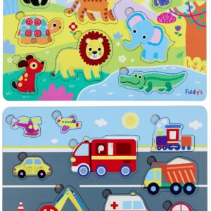 Fiddlys Wooden Learning Educational Puzzle for Kids & Children Age 4+ Double Layered Wooden Puzzles with Bright Front & Back Print (Animals & Vehicles)