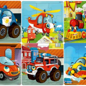 Fiddlys Wooden Jigsaw Puzzles for Kids & Children – 9 Pieces Each, Pack of 6|Double Layered Front & Back Print| Educational Toy for Boys & Girls Age 2 3 4 5 6 Year Old (Vehicles (Pack of 6))