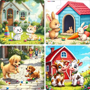 Fiddlys Single Layered Wooden Jigsaw Puzzle Games for Children & Kids -9 Pieces Age 2 3 4 5 6 Year Old Years Old Girls & Boys Animals Jigsaw Puzzle (Pack of 4 PET Animal)