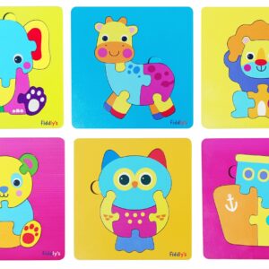 Fiddlys 3D Cute Cartoon Wooden Jigsaw Puzzles for Kids & Children Double Layered Wooden Puzzles with Bright Front & Back Print (Pack of 6 Baby Animal + Ship)