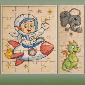 Fiddlys DIY Color Fill Wooden Jigsaw Puzzle Set for Kids (Age 4+) | 3-in-1 Paint-Your-Own Puzzle Collection | 24 Pieces Each Puzzle | Educational Toy (Space & Safari)