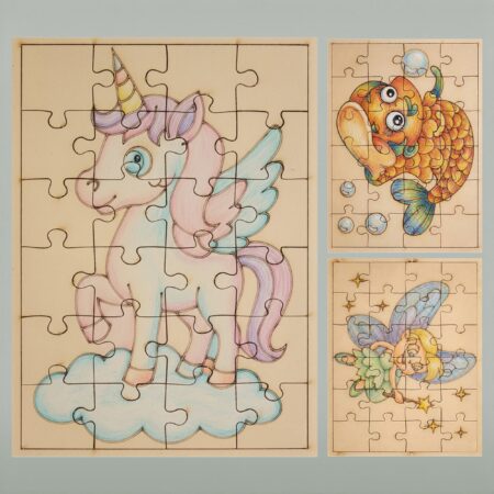 Fiddlys DIY Color Fill Wooden Jigsaw Puzzle Set for Kids (Age 4+) | 3-in-1 Paint-Your-Own Puzzle Collection | 24 Pieces Each product photo