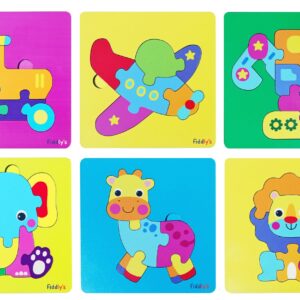 Fiddlys 3D Cute Cartoon Wooden Jigsaw Puzzles for Kids & Children Double Layered Wooden Puzzles with Bright Front & Back Print (Pack of 6 Baby Animal + Vehicle)