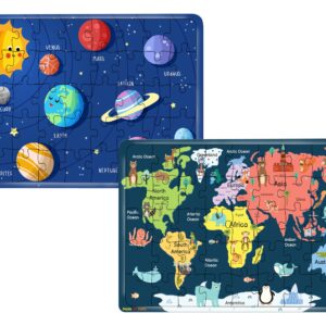 Fiddlys 40 Pcs Paperless Wooden Jigsaw Puzzle for Kids & Children Age 4+ Learning Educational Double Layered Wooden Puzzles with Bright Front & Back Print (World Map & Solar System)
