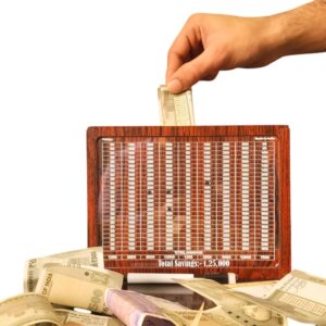Fiddlys Wooden Piggy Bank with Pen for Kids & Adults – Smart Money Saver Coin Box (1,00,000)