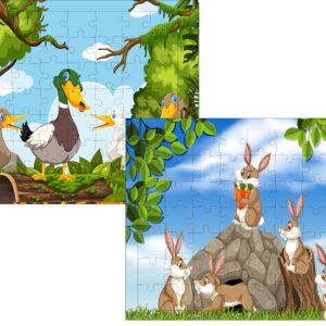 Fiddlys 54 Pcs Wood Jigsaw Puzzles for Kids & Children Age 6+ Double Layered Wooden Puzzles with Bright Front & Back Print Puzzle for Kids-Educational Toy (Duck + Bunny)