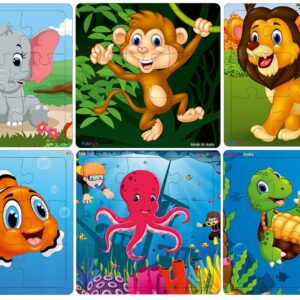 Fiddlys Wooden Jigsaw Puzzles for Kids & Children – 9 Pieces Each, Pack of 6|Double Layered Front & Back Print| Educational Toy for Boys & Girls Age 2 3 4 5 6 Year Old (Animal & Sea)