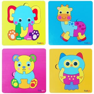 Fiddlys 3D Cute Cartoon Wooden Jigsaw Puzzles for Kids & Children Double Layered Wooden Puzzles with Bright Front & Back Print (Pack of 4 Baby Teddy + Animal)