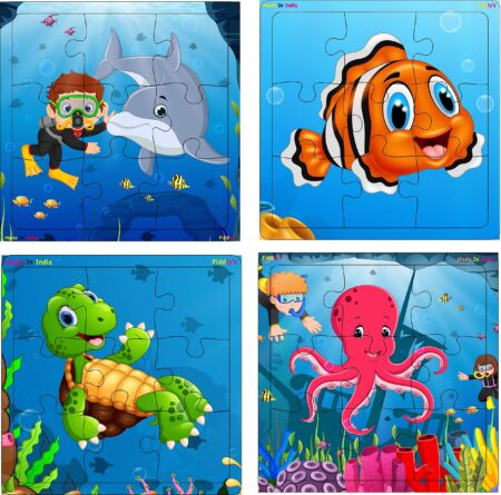 Fiddlys Wooden Jigsaw Puzzles for Kids & Children – 9 Pieces Each, Pack of 4 | Double Layered Puzzles with Bright Front & Back product photo