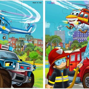 Fiddlys Fiddly's 16-Piece Wooden Jigsaw Puzzles for Kids Ages 3+, Double Layered Wooden Puzzles with Bright Front & Back Print (Pack of 2 - Fireman & Policeman)