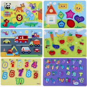 Fiddlys Wooden Learning Educational Puzzle for Kids & Children Age 4+ Double Layered Wooden Puzzles with Bright Front & Back Print (Complete Pack of 6)