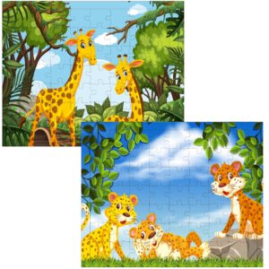 Fiddlys 54 Pcs Wood Jigsaw Puzzles for Kids & Children Age 6+ Double Layered Wooden Puzzles with Bright Front & Back Print Puzzle for Kids-Educational Toy (Tiger + Giraffe)