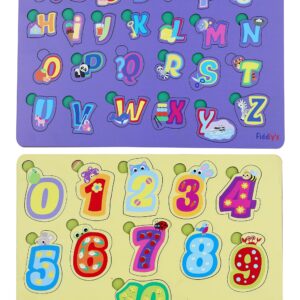 Fiddlys Wooden Learning Educational Puzzle for Kids & Children Age 4+ Double Layered Wooden Puzzles with Bright Front & Back Print (Alphabets & Numbers)