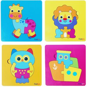 Fiddlys 3D Cute Cartoon Wooden Jigsaw Puzzles for Kids & Children Double Layered Wooden Puzzles with Bright Front & Back Print (Pack of 4 Baby Animal + Ship)