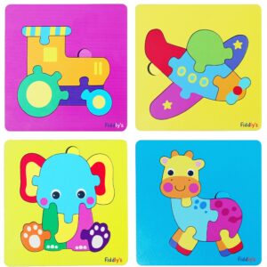Fiddlys 3D Cute Cartoon Wooden Jigsaw Puzzles for Kids & Children Double Layered Wooden Puzzles with Bright Front & Back Print (Pack of 4 Baby Animal + Vehicle)